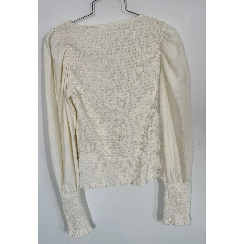 Anthropologie Smocked Puff Sleeve Ivory Cream Top Blouse Size S‎ Boho Bodycon